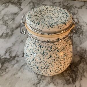 Vintage blue/ white Speckled Ceramic canister  with Lid